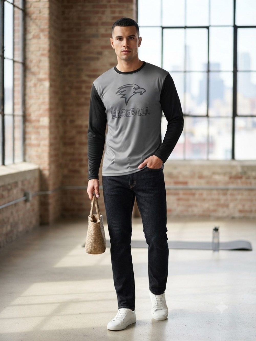 Men's Grey and Black Long-Sleeve Baseball Tee